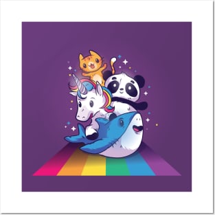 Cute Animals riding a rainbow Posters and Art